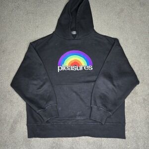 PLEASURES NOW GOOD TIME EMBOIDERED CARPET RAINBOW BLACK PULLOVER HOODIE SIZE‎ XL